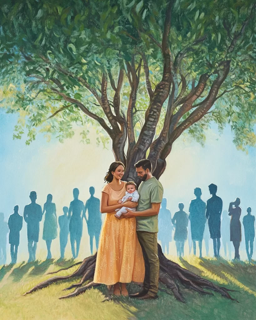 illustration of man and woman holding baby with silhouettes in the background